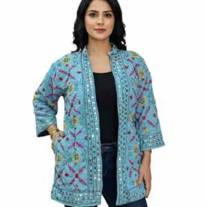 Casaco Bordado Azul – Espelhos e Flores